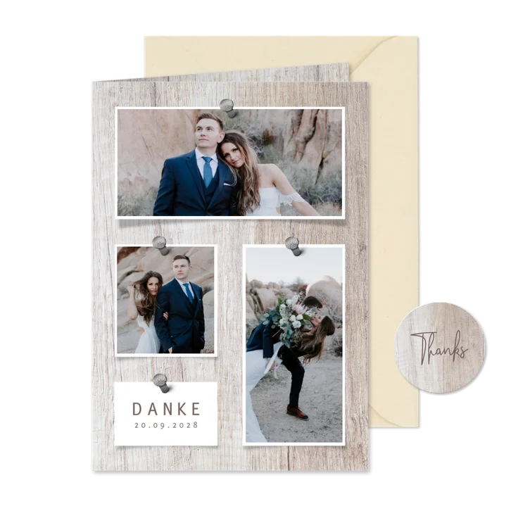 Fotocollage Danksagung Hochzeit Holzhintergrund