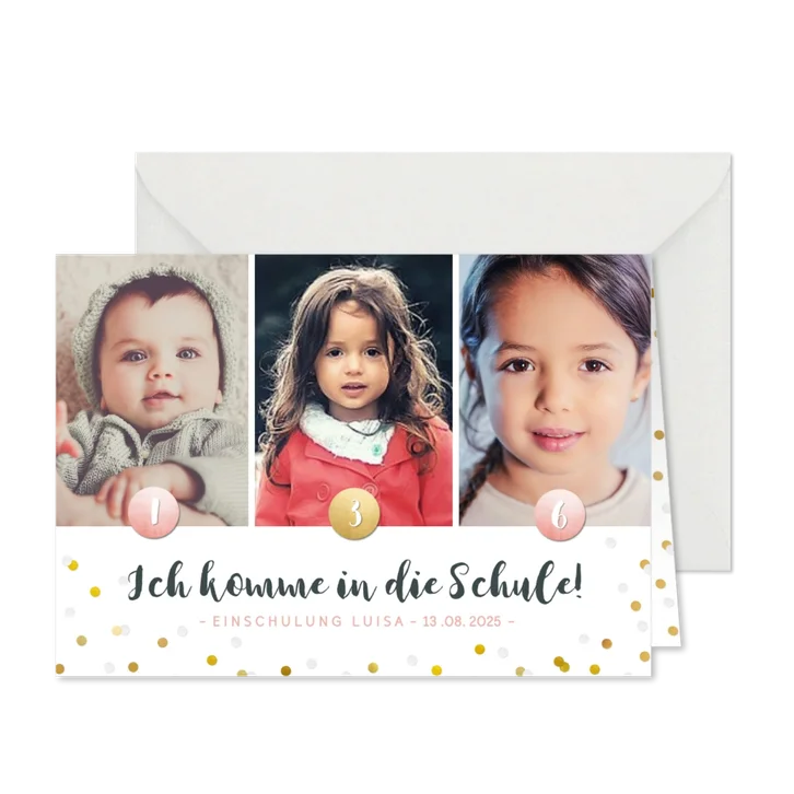 Fotocollage-Einladung zur Einschulung rosa Akzente
