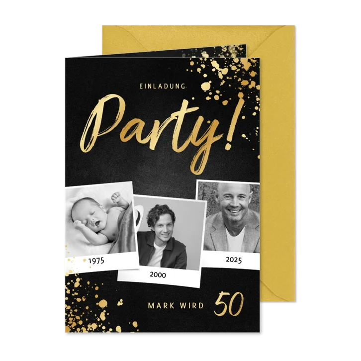 Fotocollage Einladungskarte 50. Geburtstag Party gold