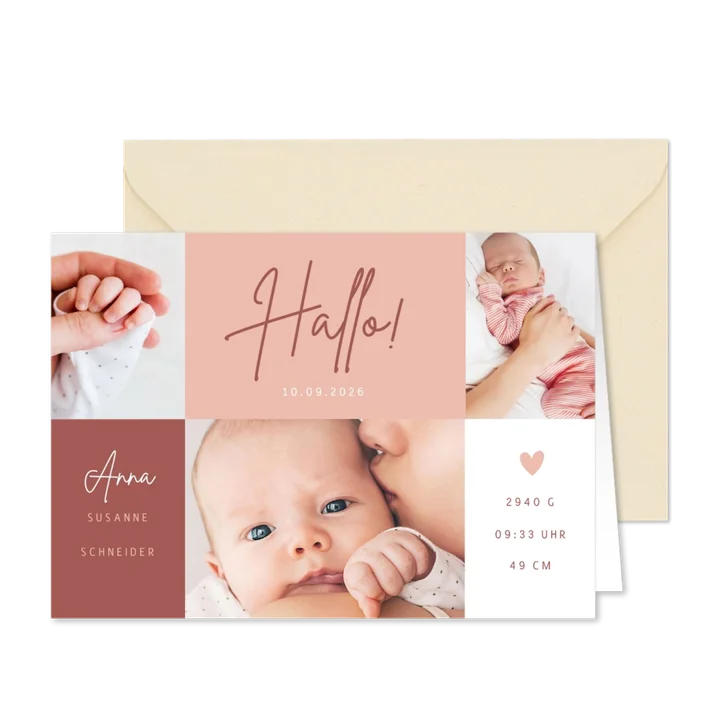 Fotocollage Geburtskarte Farbflächen rosa