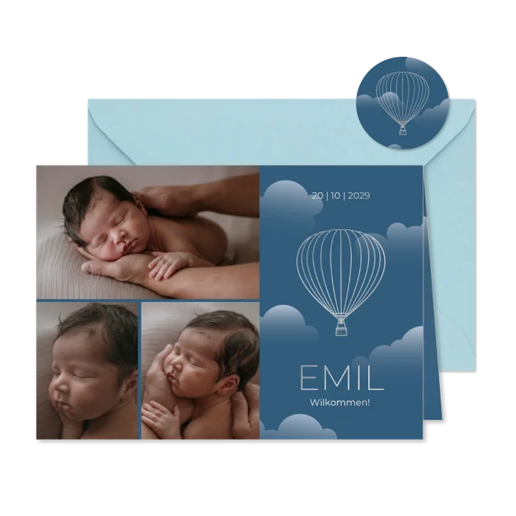 Fotocollage Geburtskarte Heißluftballon Wolkenhimmel