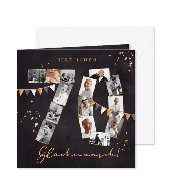Fotocollage Glückwunschkarte zum 70. Geburtstag Fähnchen
