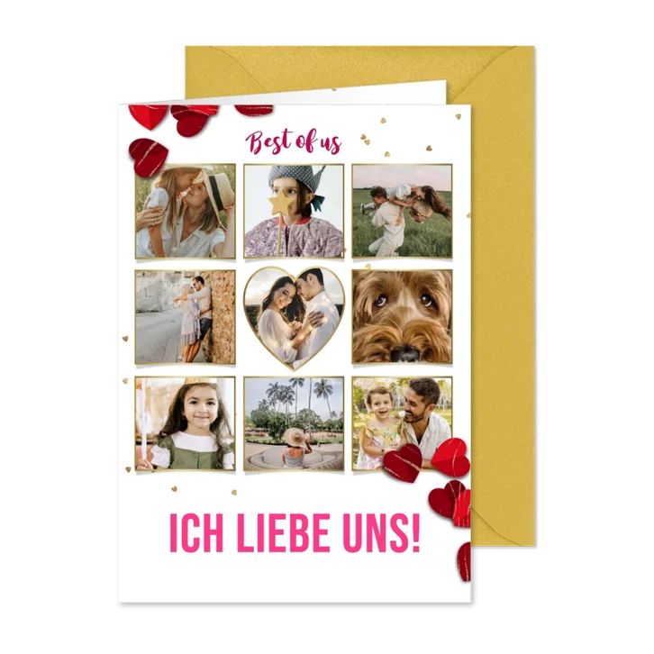 Fotocollage-Karte 'Ich liebe uns!' mit roten Herzen