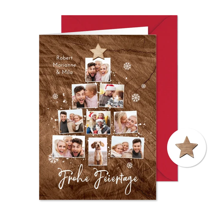 Fotocollage Weihnachtsbaum mit Stern in Holzoptik 