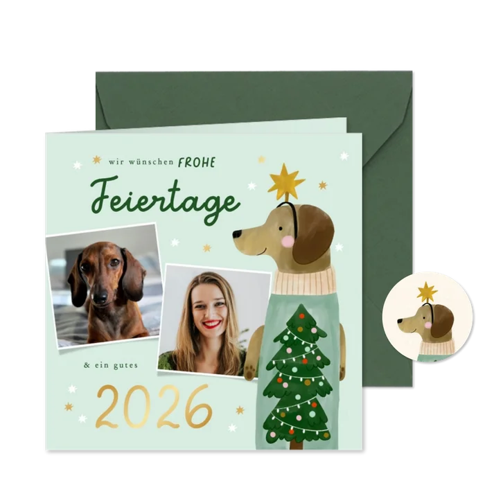 Fotocollage Weihnachtskarte Dackel mit Pulli und Haarreif