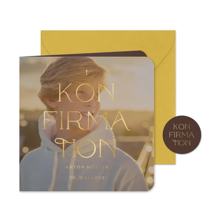 Fotoeinladung Konfirmation elegante Goldschrift