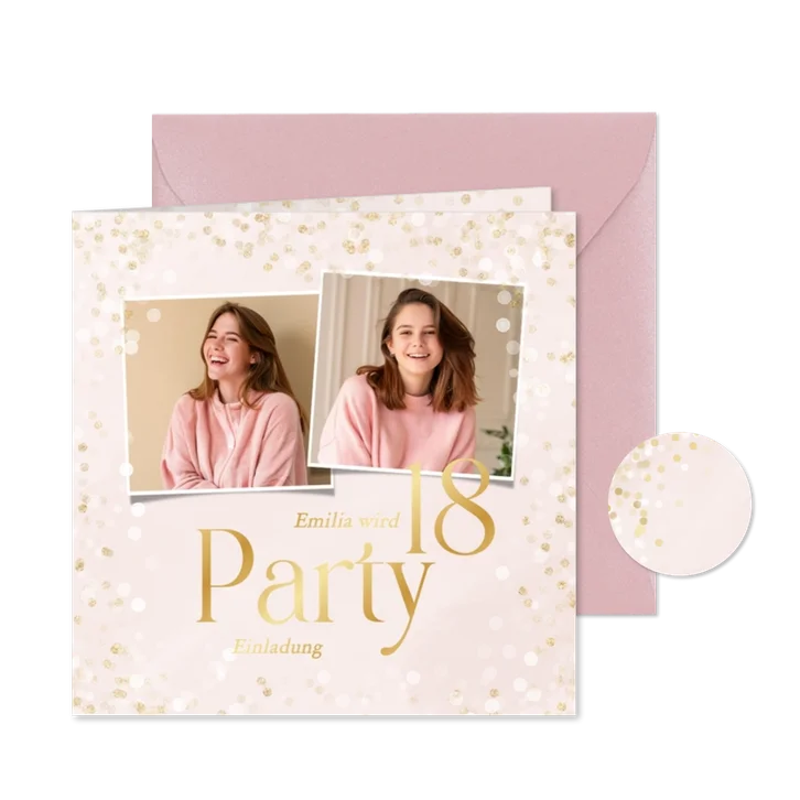 Fotokarte 18. Geburtstag Einladung zur Party Gold Konfetti