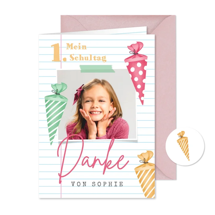 Fotokarte Danke Einschulung rosa Schultüten 