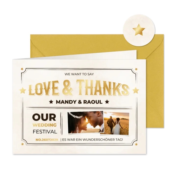 Fotokarte Danke Hochzeit Vintage-Ticket