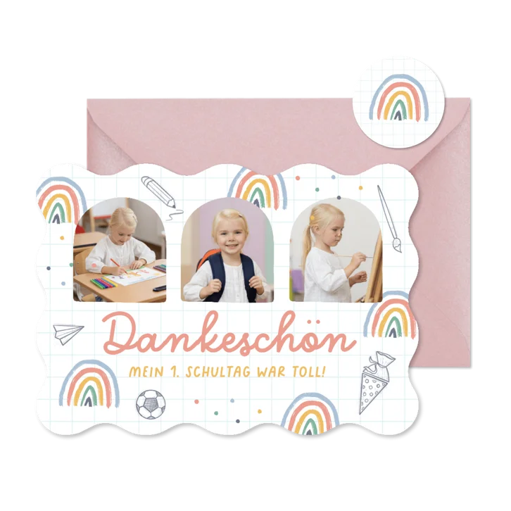 Fotokarte Danksagung Einschulung Regenbogen & Doodles