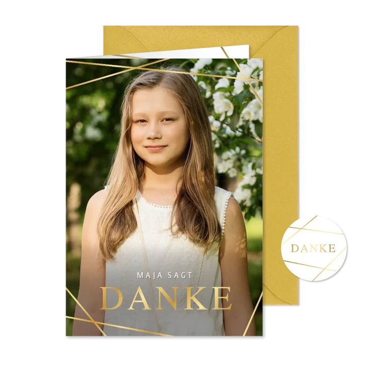 Fotokarte Danksagung Kommunion goldene Linien