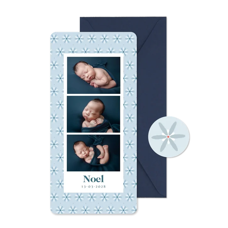 Fotokarte Danksagung zur Geburt blaue & weiße Blümchen