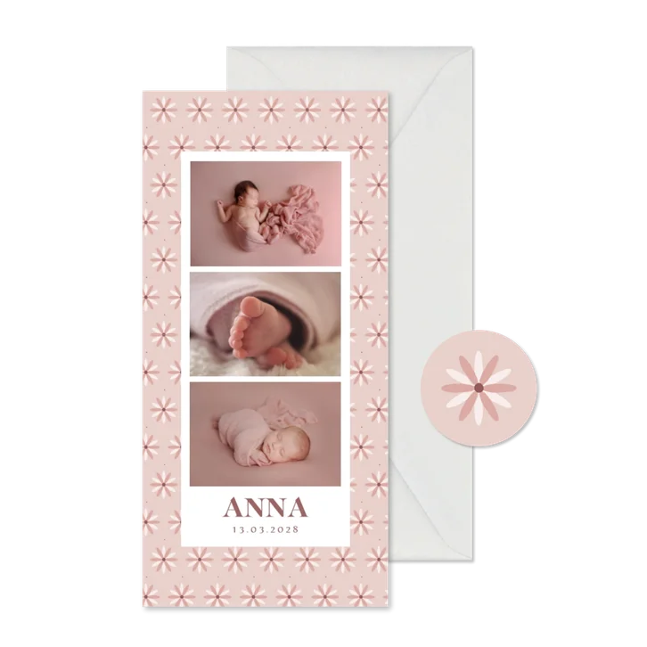Fotokarte Danksagung zur Geburt rosa & weiße Blümchen