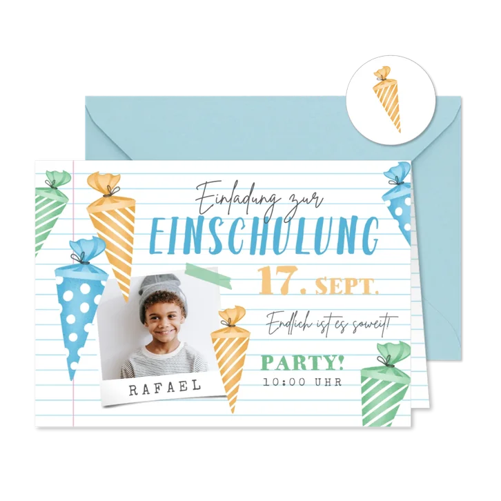 Fotokarte Einladung Einschulung bunte Schultüten