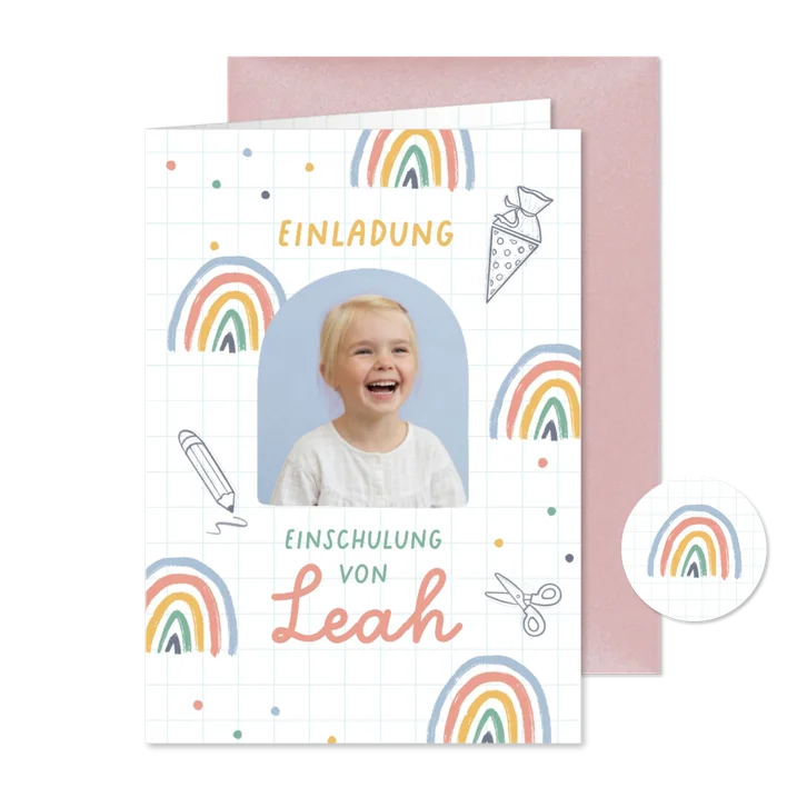 Fotokarte Einladung Einschulung Regenbogen & Doodles
