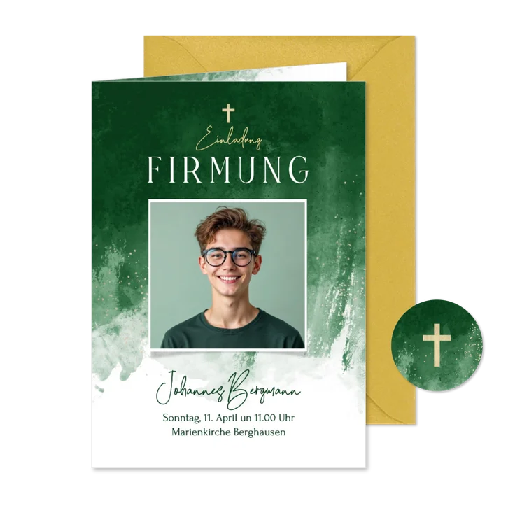 Fotokarte Einladung Firmung Aquarell grün