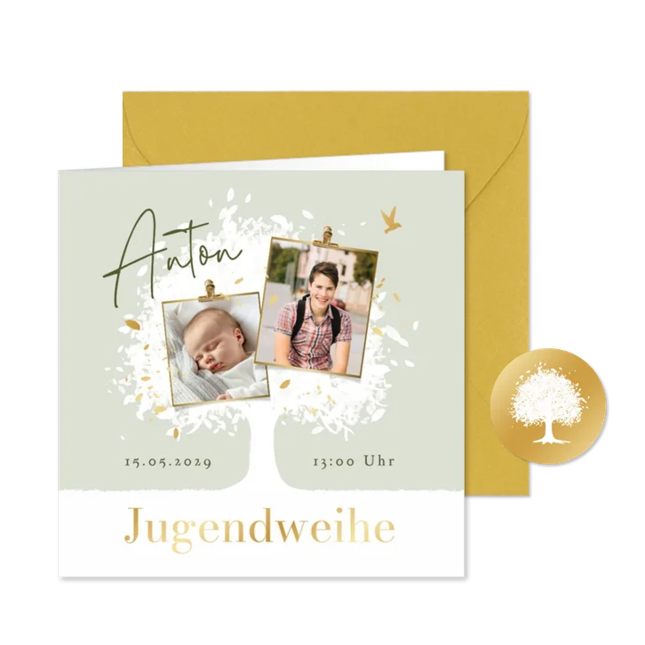 Fotokarte Einladung zur Jugendweihe Baum & Vogel