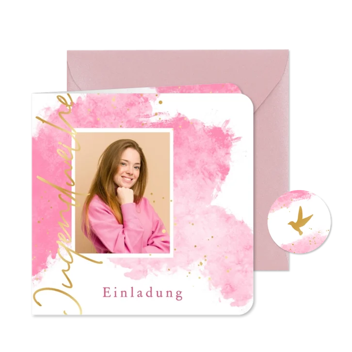 Fotokarte Einladung zur Jugendweihe rosa Aquarell