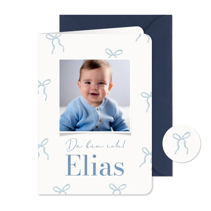 Fotokarte Geburt blaue Schleifen 