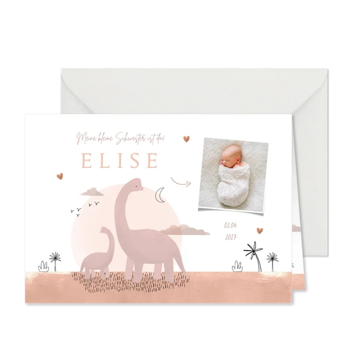 Fotokarte Geburt Schwester Dinos rosa