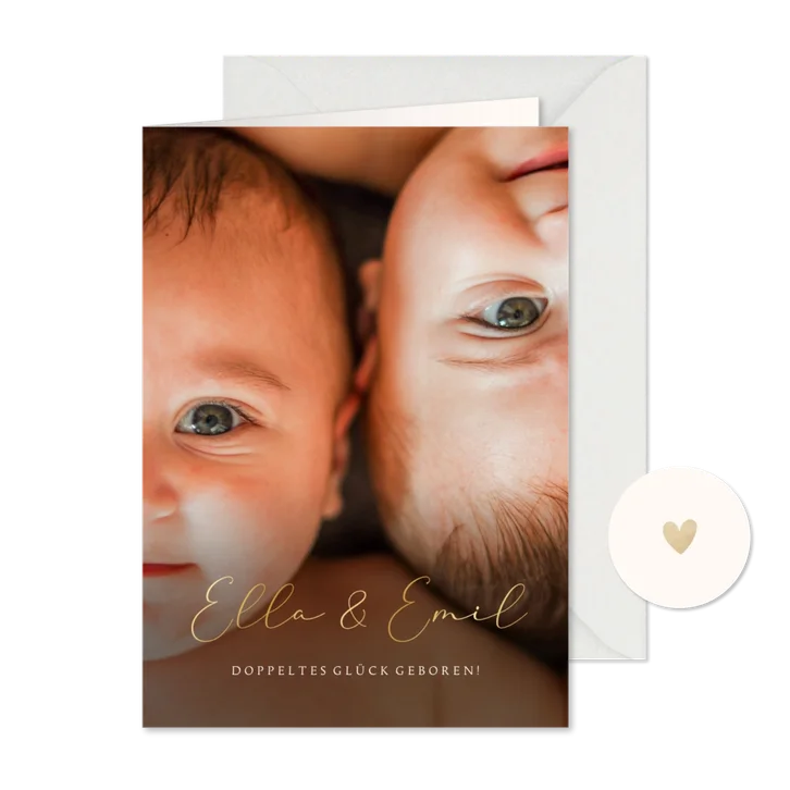 Fotokarte Geburt Zwillinge elegant in Goldlook