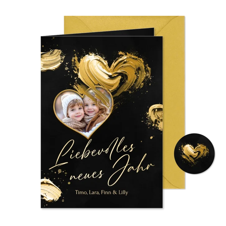 Fotokarte Herz Neujahrs goldene Farbe Schwarz
