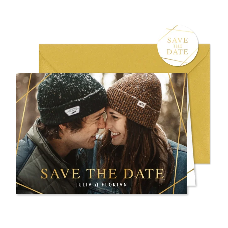 Fotokarte Hochzeit 'Save the Date' Linienspiel gold