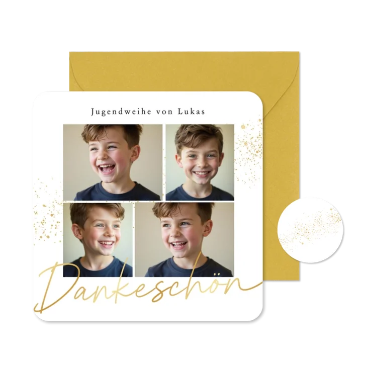 Fotokarte Jugendweihe Danksagung Goldschrift & Sprenkel
