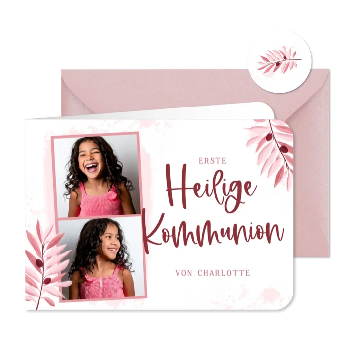 Fotokarte Kommunionseinladung rosa Olivenzweige