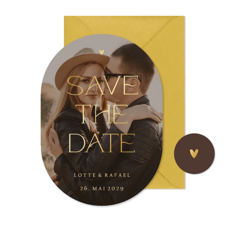 Fotokarte Oval Save-the-Date Hochzeit Goldschrift