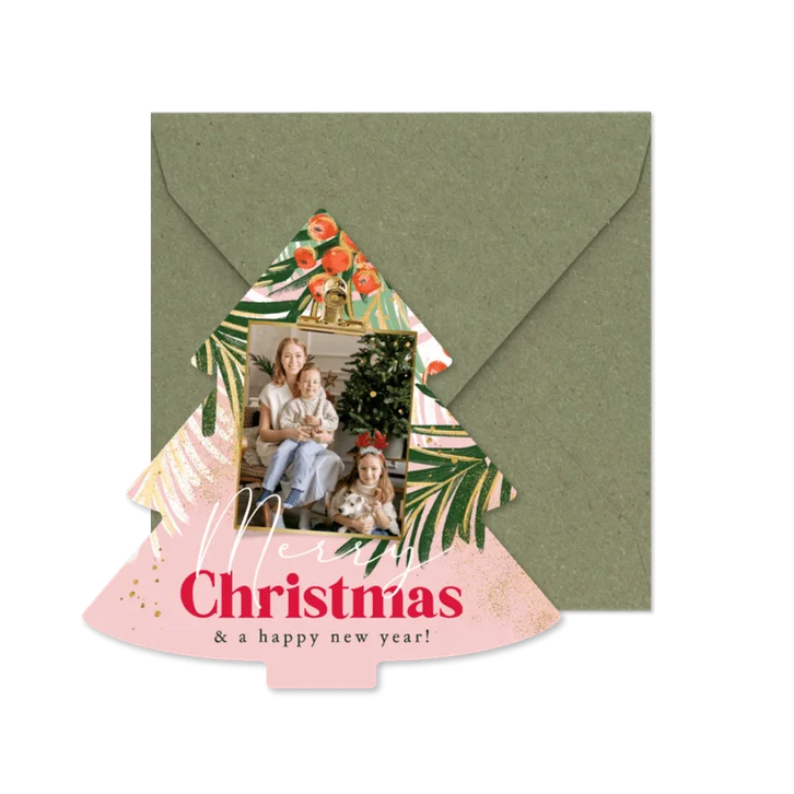 Fotokarte Weihnachtsgrüße Weihnachtsbaum Zweige und Beeren