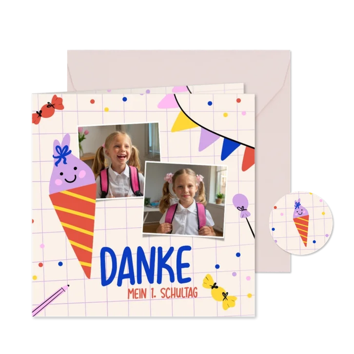 Fröhliche Danksagung zur Einschulung Fotos & Schultüte