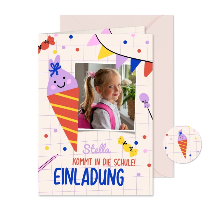 Fröhliche Einladung zur Einschulung Foto mit Schultüte