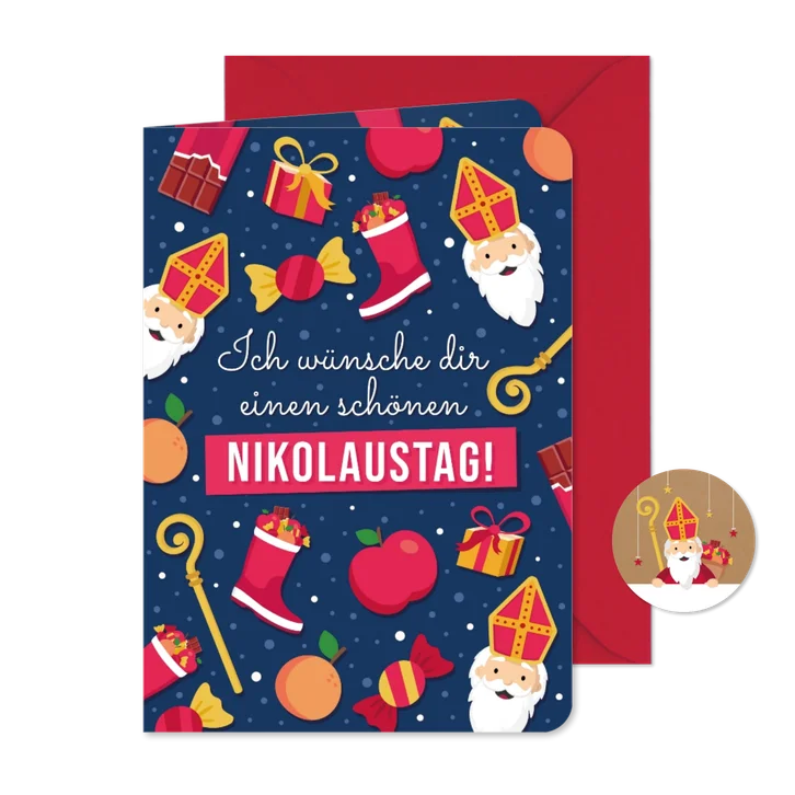 Fröhliche Nikolauskarte Geschenke Süßigkeiten Stiefel