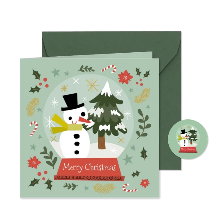 Fröhliche Weihnachtskarte Schneemann und Tannenbaum