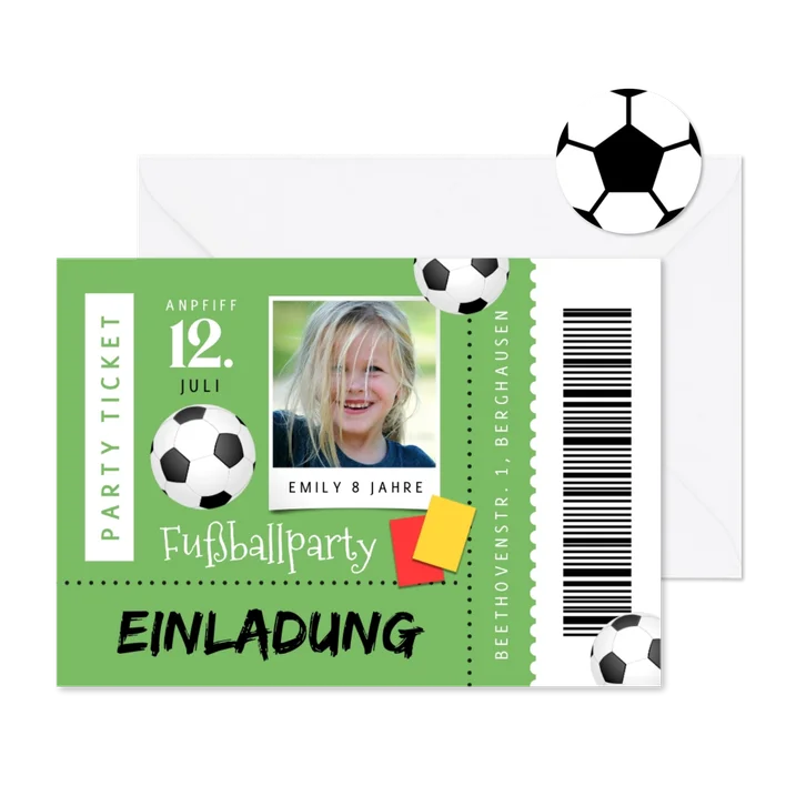 Fußball-Einladung Partyticket mit Foto 12. Kindergeburtstag