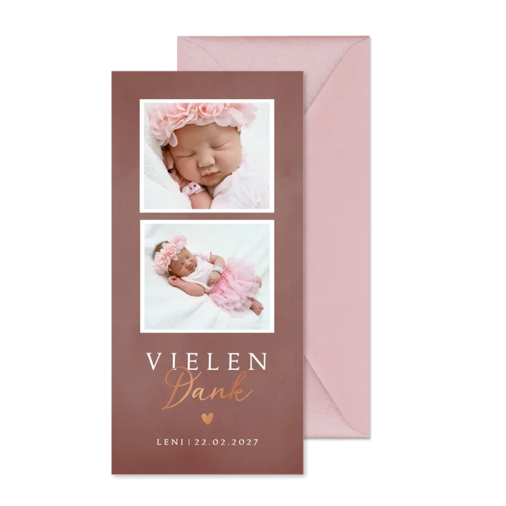 Geburt Dankeskarte zwei Fotos weinrot
