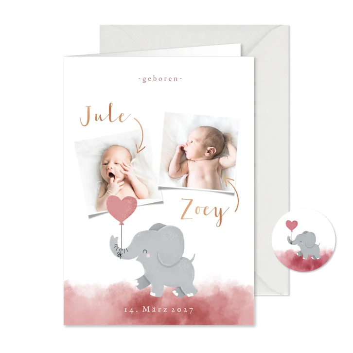 Geburts-Danksagung Zwilling Fotos & rosa Elefant