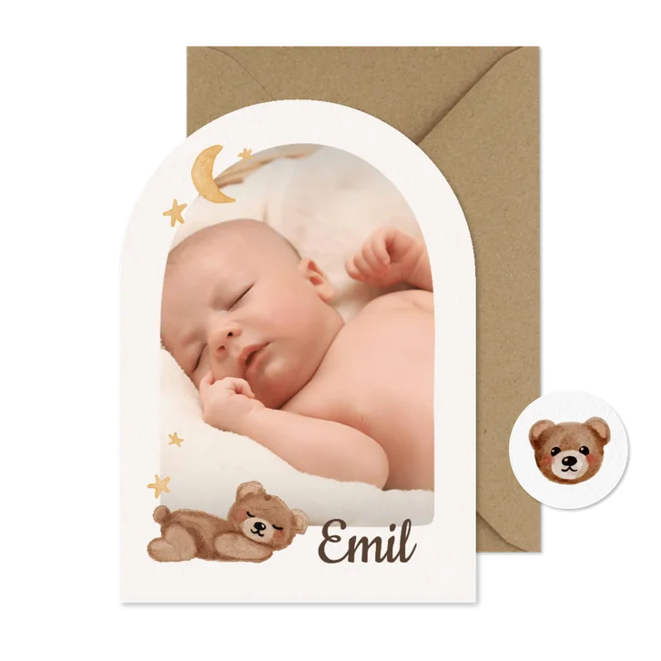 Geburtskarte Bogen Foto Teddybär Sterne und Mond