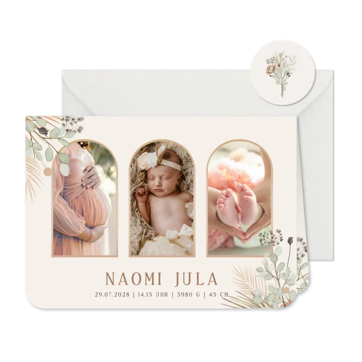 Geburtskarte botanisch, Trockenblumen und Fotocollage