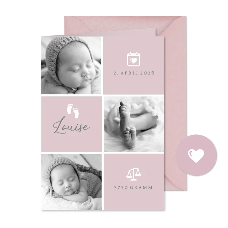 Geburtskarte / Dankeskarte altrosa Fotocollage grafisch