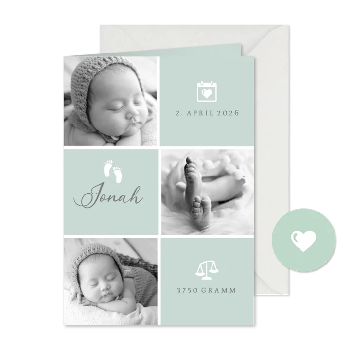 Geburtskarte / Dankeskarte grün Fotocollage grafisch