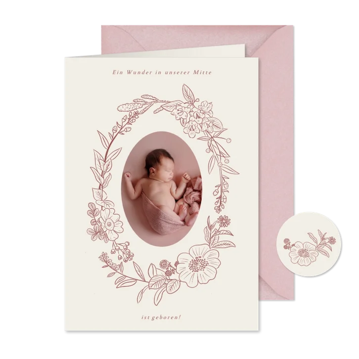 Geburtskarte Foto in Blumenkranz rosé