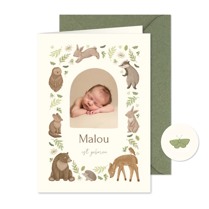 Geburtskarte Foto und Waldtiere 