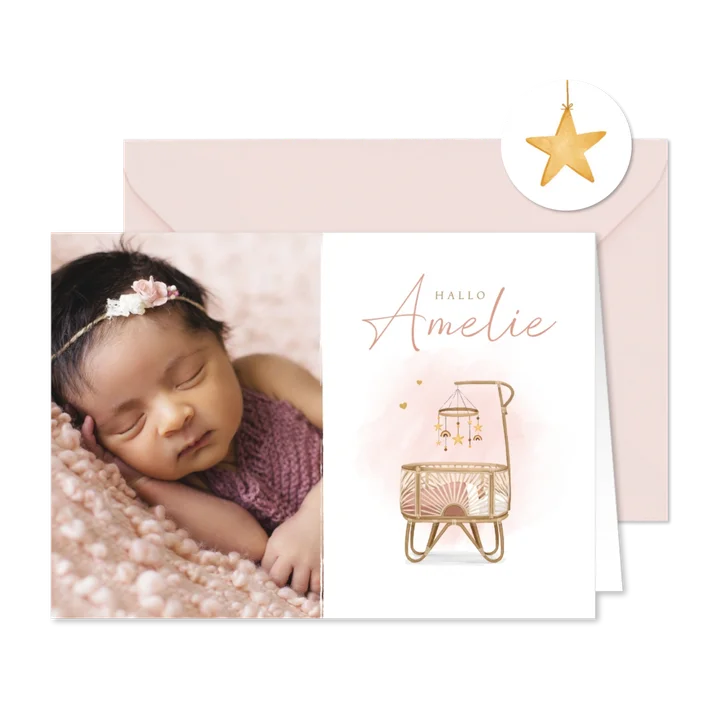 Geburtskarte Foto & Wiege rosa Aquarell