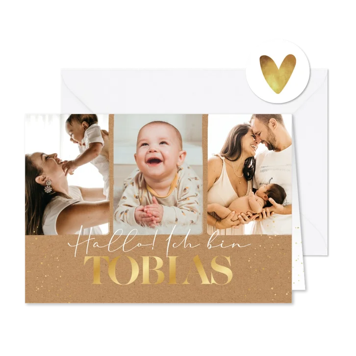 Geburtskarte Fotocollage Kraftpapier & Name Golddruck