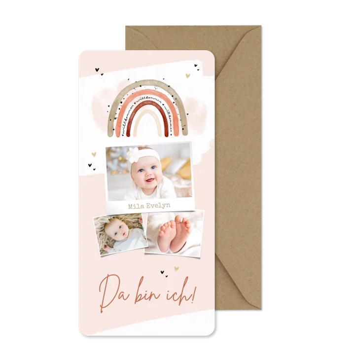 Geburtskarte Fotocollage Regenbogen rosa