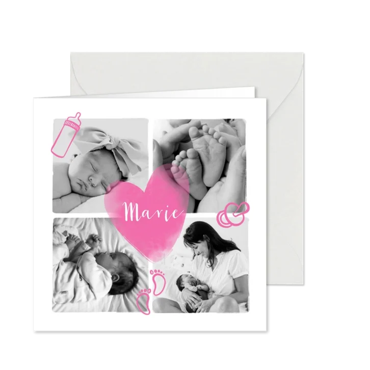 Geburtskarte Fotocollage rosa Herz und Icons