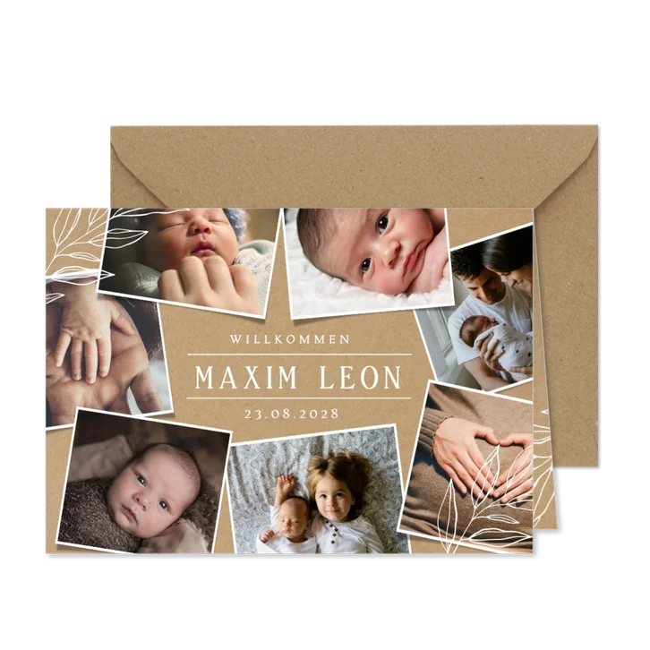 Geburtskarte Fotocollage zur Geburt Kraftpapierlook