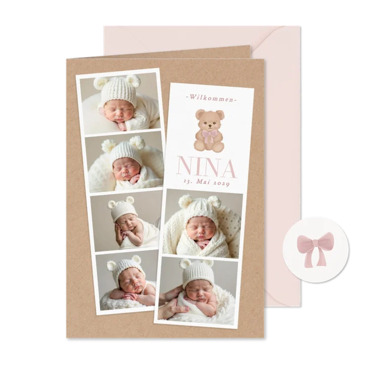 Geburtskarte Fotostrips rosa Teddybär